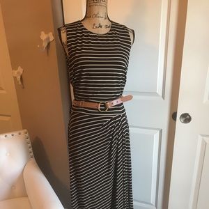 RALPH LAUREN asymmetrical belted striped dress.